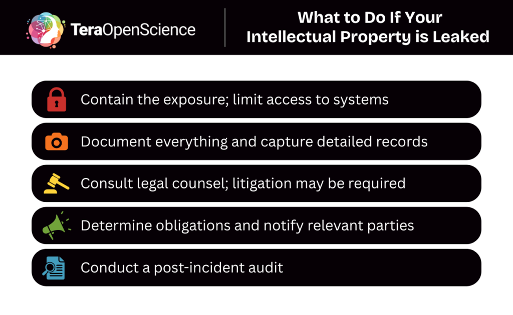Infographic showing the 5 steps one should take if their intellectual property gets leaked