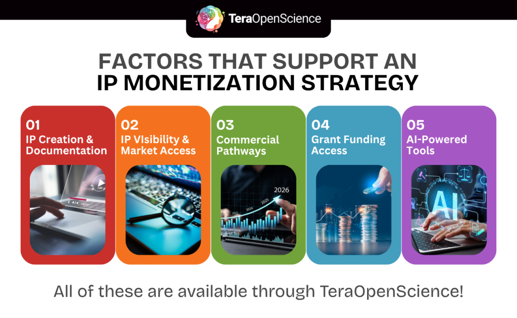 Infographic showing 5 factors that support an IP monetization strategy.