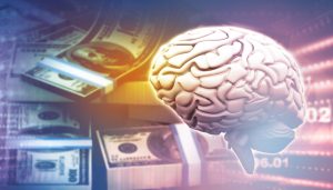 Brain and dollar on business background. 3d illustration