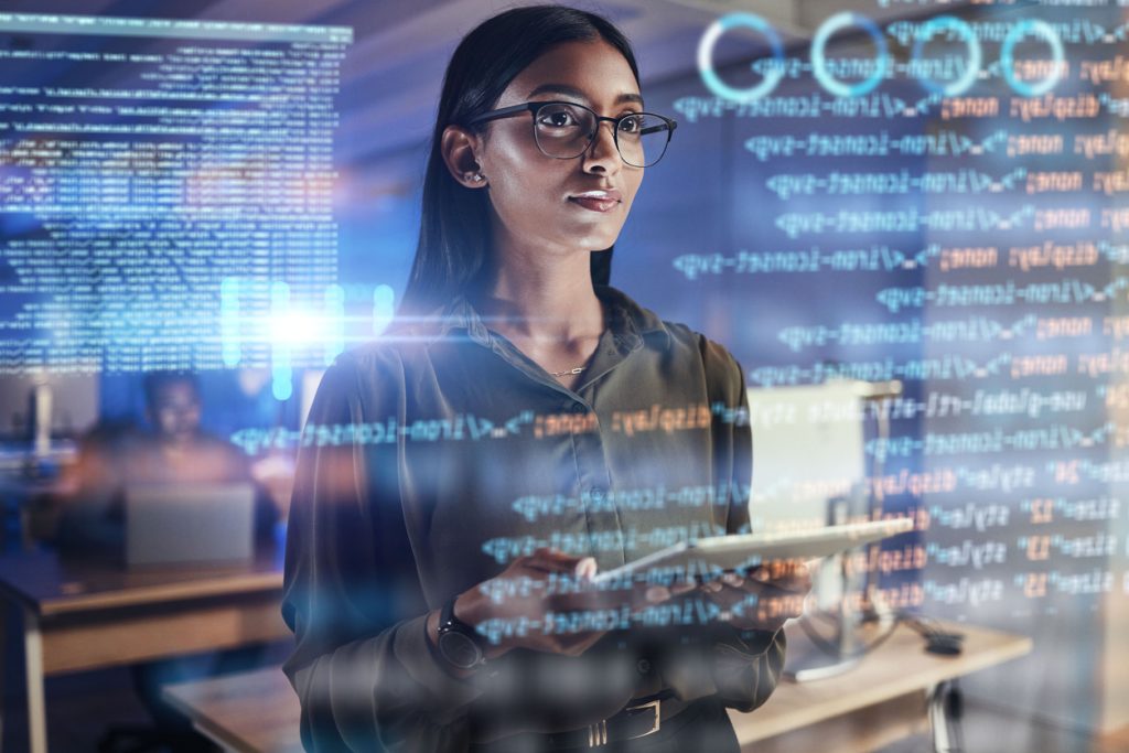 Tablet, code hologram and business woman in data analysis, digital technology or software overlay at night. Programmer, person thinking and 3d screen, programming statistics or cybersecurity research